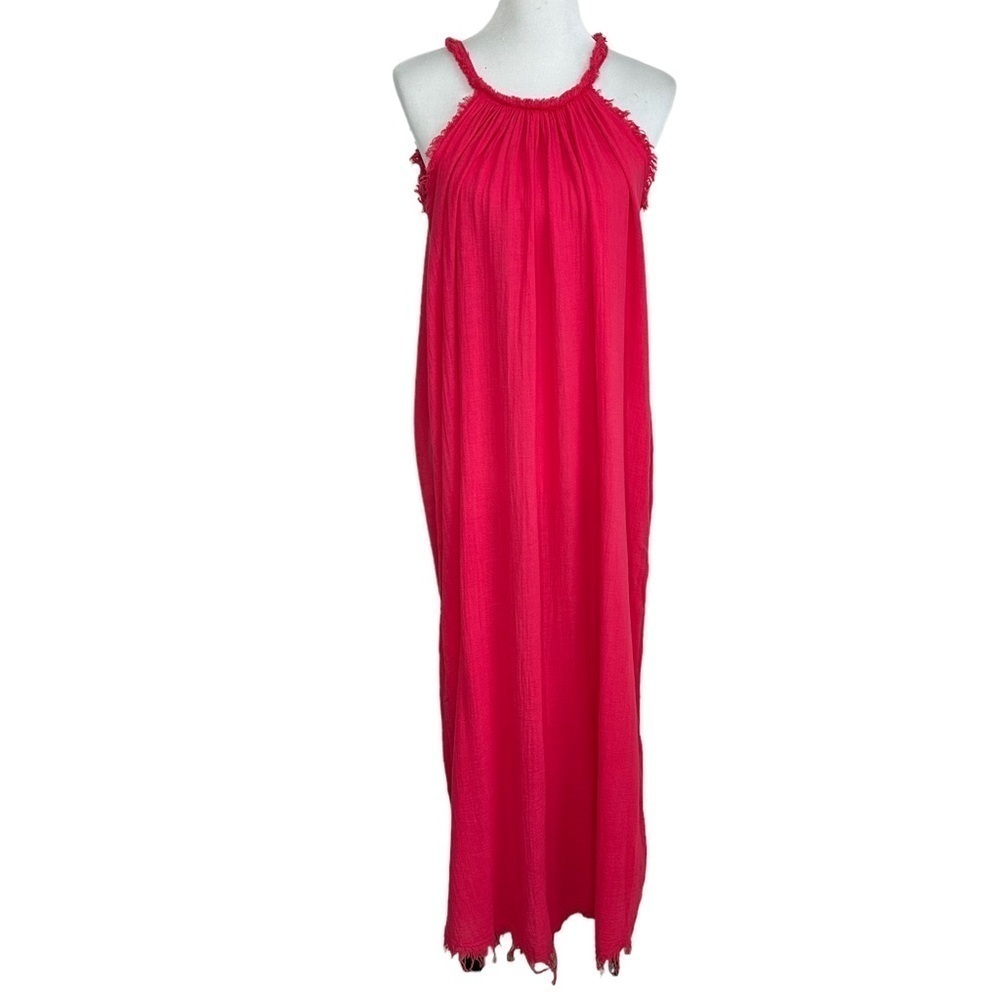 Stella Martini Women Linen Blend Maxi Dress Sz Small Pink Sleeveless Fringe Trim